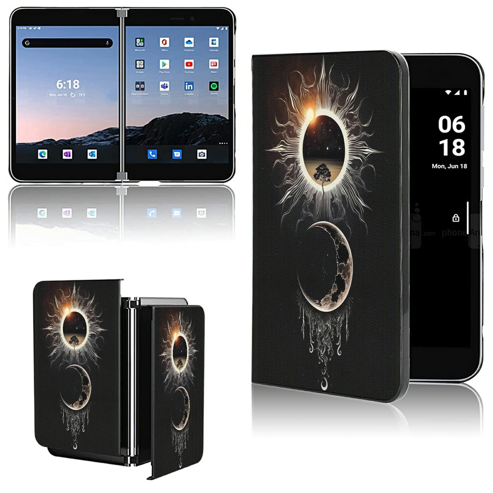 Case for Microsoft Surface Duo Case,Surface Duo Leather Case 2020,AIRWEE Ultra Slim Hard PC Back Case Protective Fold Cover Case for Microsoft Surface Duo,Moon Sun in Black