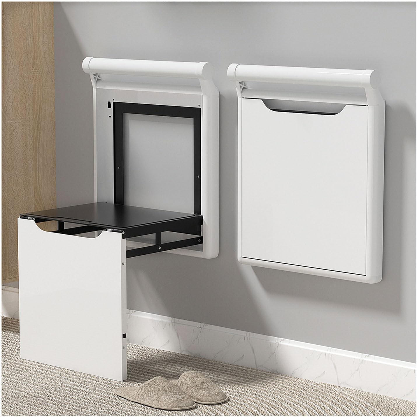 Shoe Changing Stool, Foldable Wall-Mounted Shoe Bench - Equipped with Handrails, 330lb Load, for Entryway, Bathroom & Bedroom | Stainless Steel & Space Saving(Color:White)
