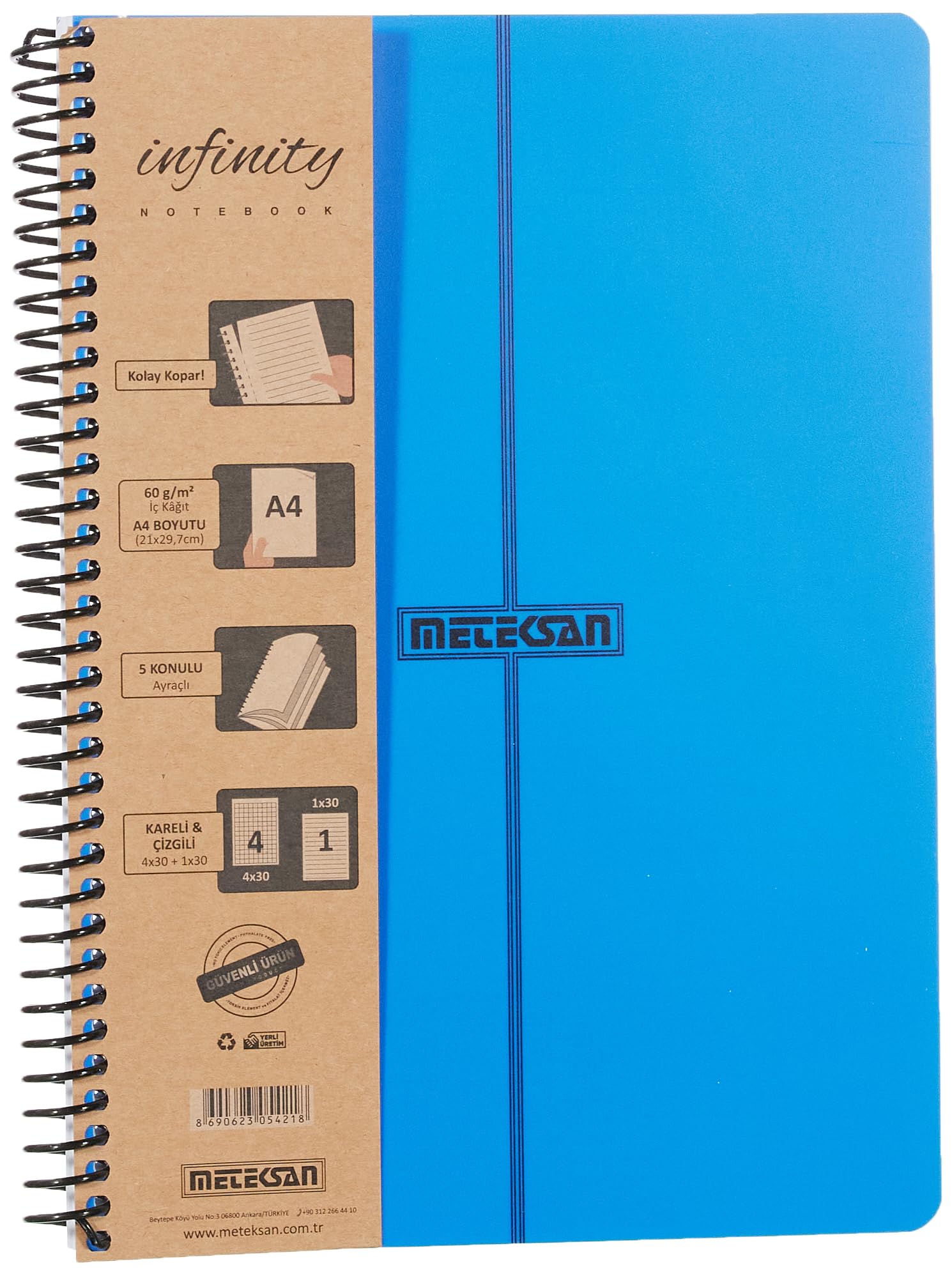 Meteksan Infinity Primary Serisi, A4, 5 Konulu (4 Kareli, 1 Çizgili) 150 Yaprak PP Kapaklı Spiralli Defter, Lacivert
