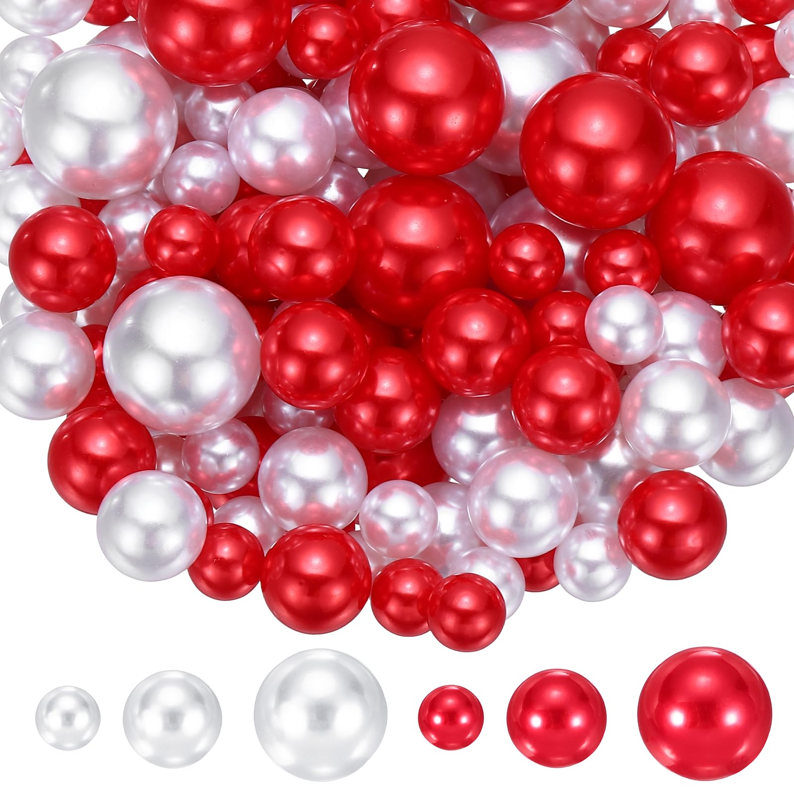 YELARXI 200Pcs No Hole Pearl Beads, 10/14/20mm Vase Fillers Faux Pearl for Crafting Filling Home Party Decorations Wedding Centerpieces, Red/White