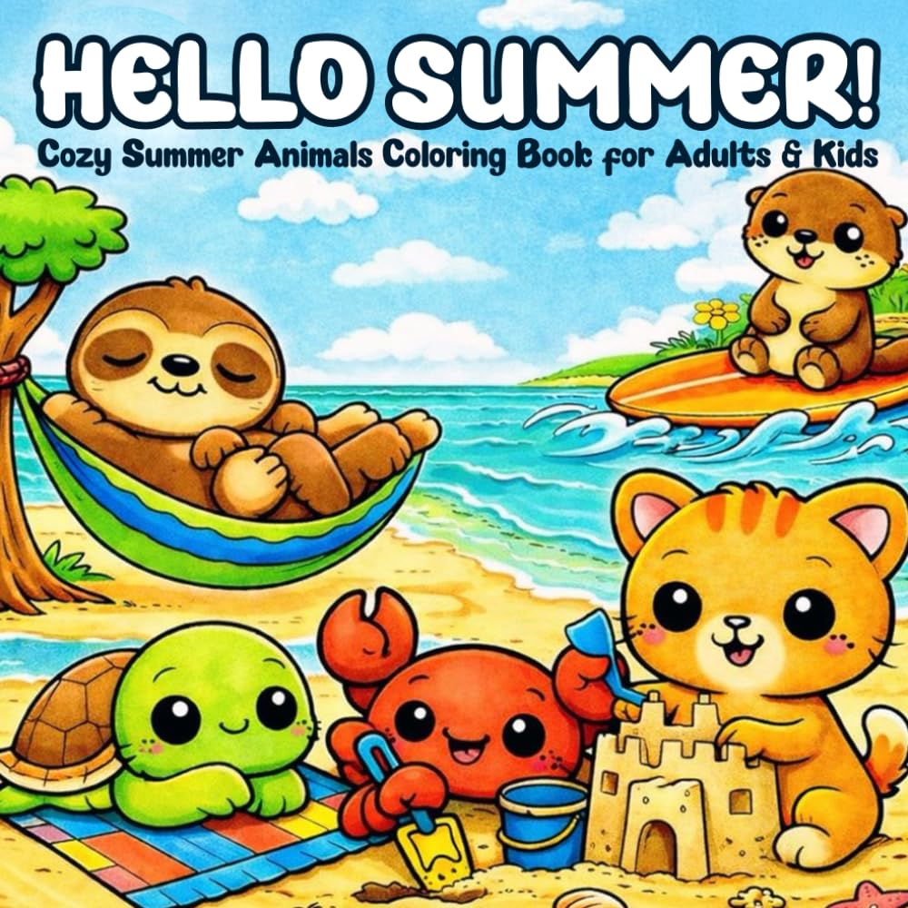 Hello Summer!: Cozy & Cute Summer Animals Coloring Book for Adults & Kids | Bold, Easy Coloring Book for Relaxing Summer Fun