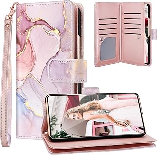 Samsung Galaxy A53 5G Case Wallet, Fingic Galaxy A53 Rose Gold Marble Cover Card Holder PU Leather with Kickstand Wrist Strap Wallet Case for Women Protective Case for Samsung Galaxy A53 5G 6.5 Inch