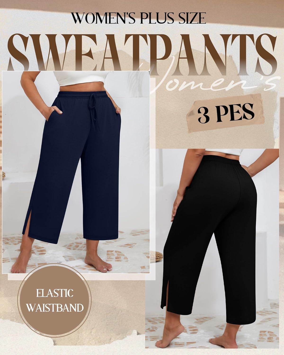 Neer 3 Pack Women's Plus Size Capris, Drawstring Cropped Wide Leg Pants Lounge Athletic Yoga Sweatpant with Pocket - Image 7