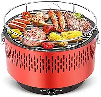 Portatil Churrasqueira Carvao, Table Grill, Braseiro Esmaltado, Churrasqueira de Mesa, Grelha Removível de 34,5 cm, Botão de Controlo do Fluxo de Ar para Ajuste Preciso da Temperatura, Vermelho
