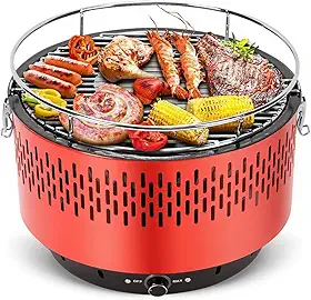 Portatil Churrasqueira Carvao, Table Grill, Braseiro Esmaltado, Churrasqueira de Mesa, Grelha Removível de 34,5 cm, Botão de Controlo do Fluxo de Ar para Ajuste Preciso da Temperatura, Vermelho