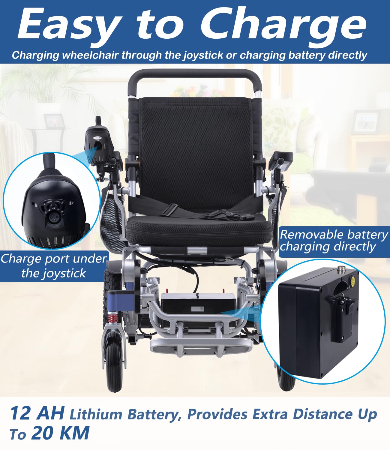 Sedia a rotelle leggera pieghevole portatile per adulti – Elettrica intelligente ultraleggera Power sedia a rotelle motorizzata con batteria da 12 AH Gamma 20 km – Approvato dalla compagnia aerea