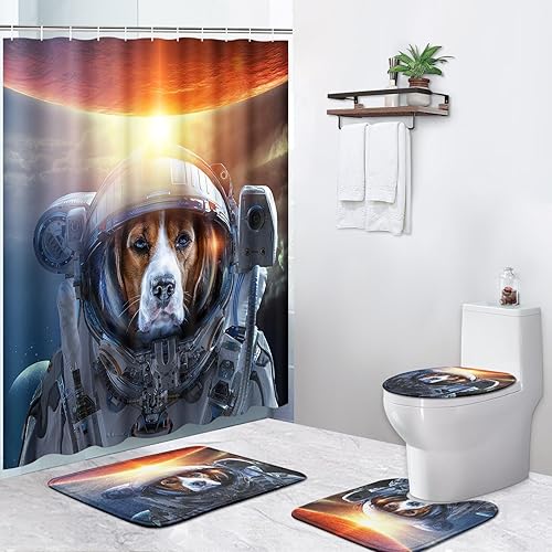 Juego de 4 cortinas de ducha, diseño de animales astronautas espaciales, divertidos, impermeables, con alfombras antideslizantes, tapa de inodoro y