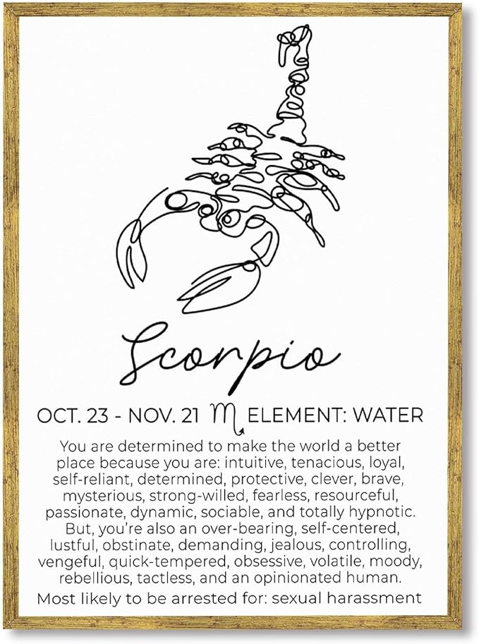 Framed Scorpio Zodiac Sign Canvas Print Art Minimalist Aesthetic Wall Art Painting Pictures Trendy Wall Decor Elegant Home Decor for Bedroom Dorm Room Apartment Decoration (Gold Framed,12L x16W)