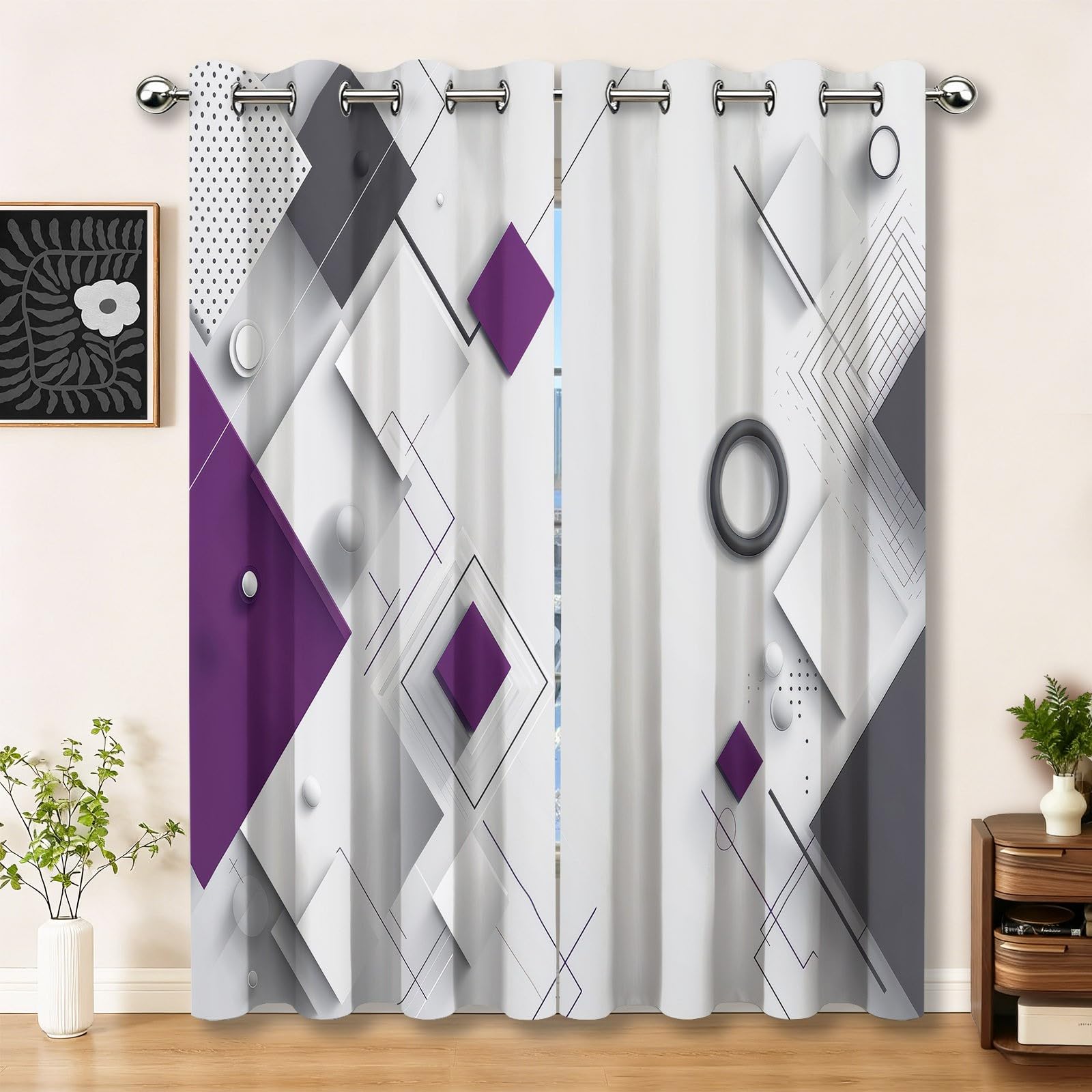 Rideaux Occultants Isolants Anti-Froid 91.5L X 160H cm (2 Panneaux), Design Géométrie Minimaliste Moderne, Tenture à Œillets Opaque pour Salon et Chambre, Gris Violet
