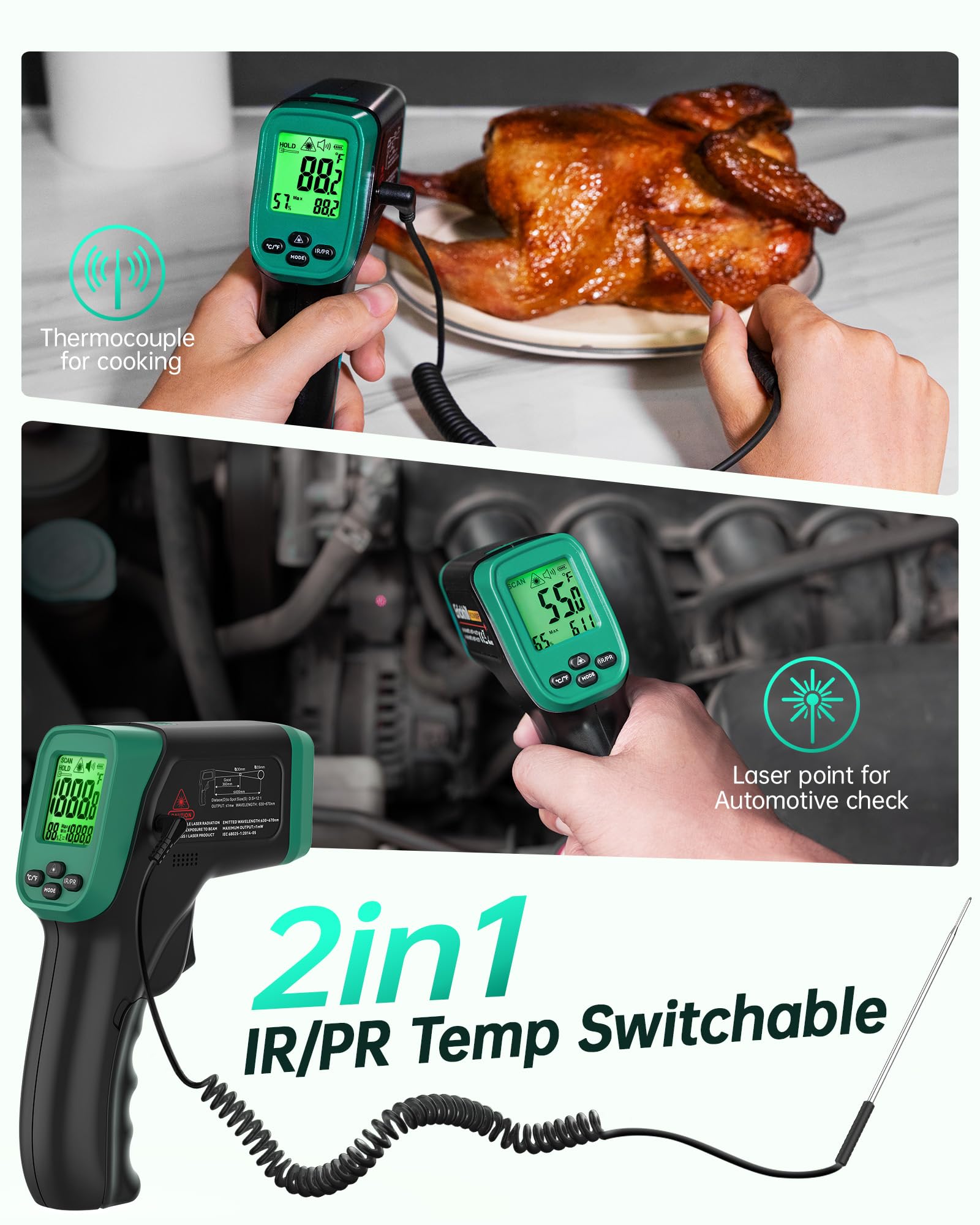 ERICKHILL Infrared Thermometer Gun, Dual Mode IR Laser Thermometer with -50°C~800°C and Meat Probe (-50°C~300°C), Non-Contact Digital Thermometer for Cooking, BBQ, and Industrial Use — Amazon image 4