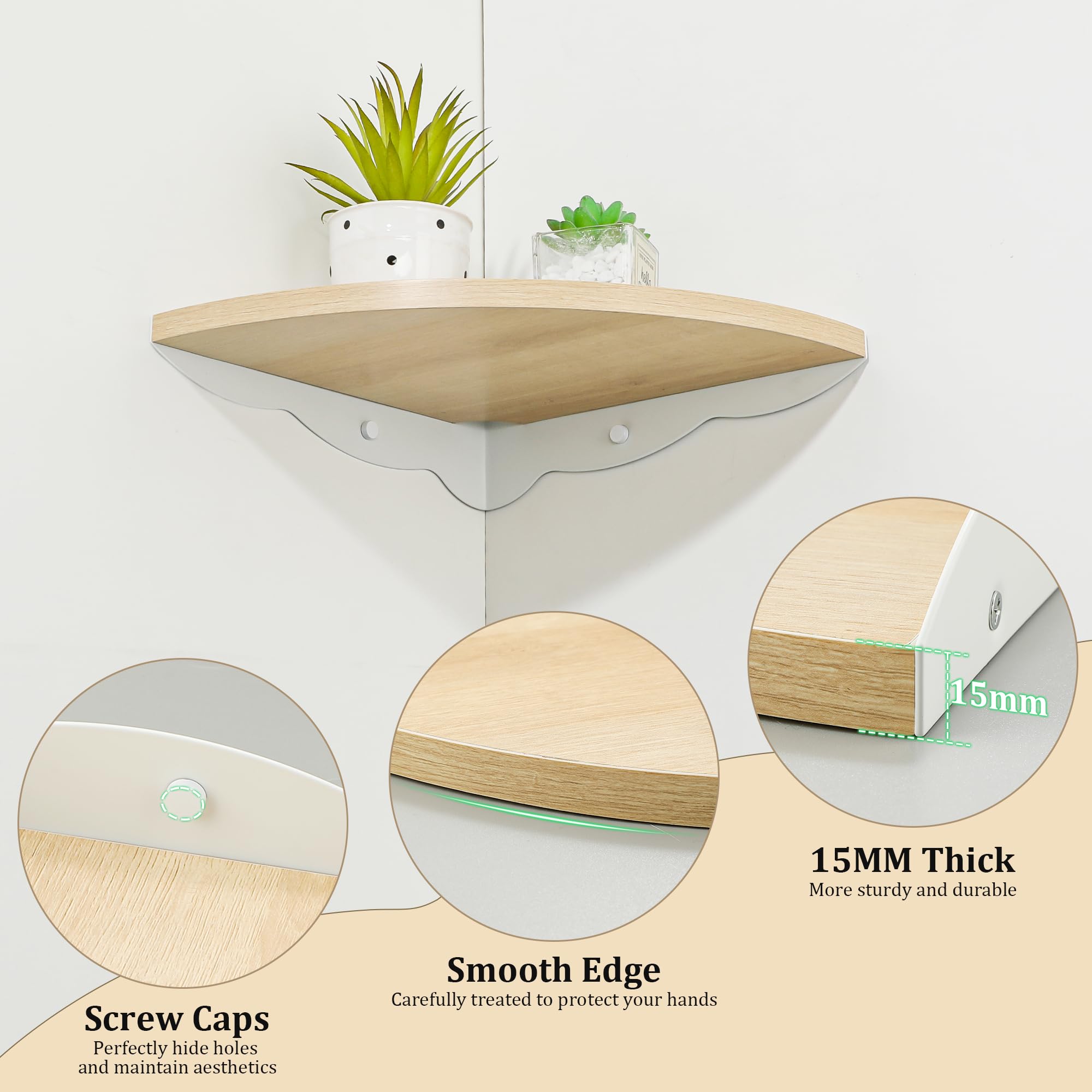 SAYAYO Estanteria Pared de 90° Juego de 3, Estante Esquinero de Madera, Radio de 27 CM Estante de Pared, Estantes Flotantes para Baño, Sala de Estar, Cocina