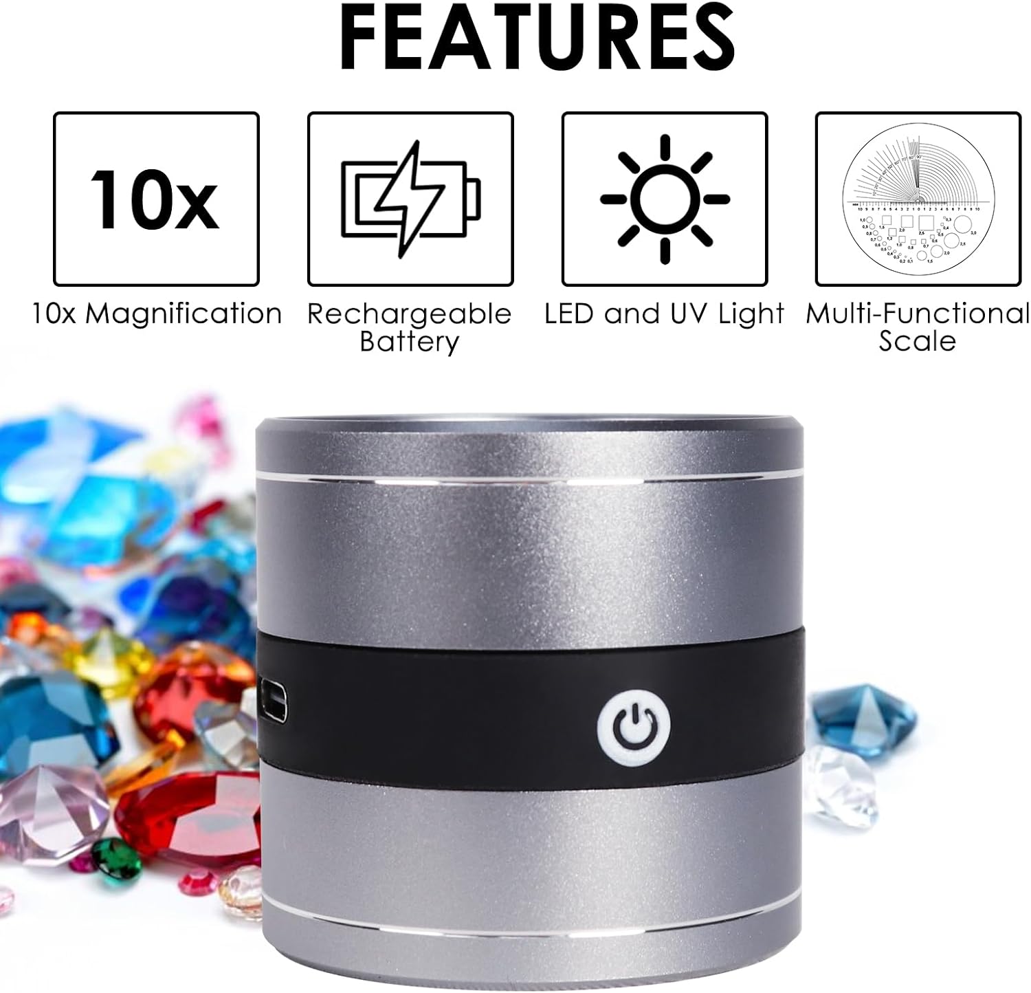 10x Jewelry Magnifier Magnifying LED UV Light Rechargeable Loupe Gemstone Tool Textile Inspection Coin Examination Stamp Optical Multifunctional Magnifier Glass Lens Type-C USB Charging