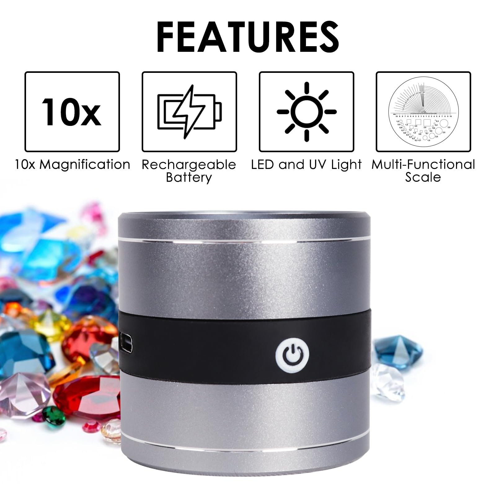 Edelsteinlupe mit 10-facher Vergrößerung, Präzisionslupe mit 30-mm-Objektiv, Dual-LED- und UV-Licht, tragbares Aluminiumlegierungs-Design, Typ-C USB wiederaufladbar, kompakt für Gemologen und Sammler