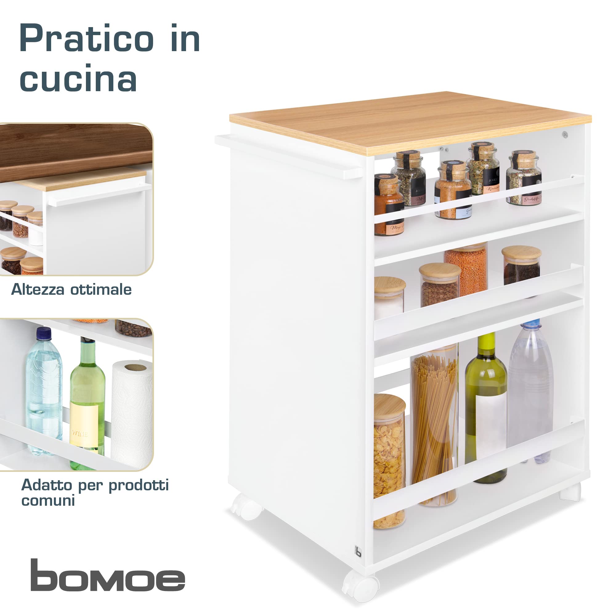 bomoe Carrello da Cucina Su Rotelle Con 3 Livelli Regolabili - Legno FSC® di Alta Qualità Universale per Cucine e Bagno - Bengt Rovere e Bianco