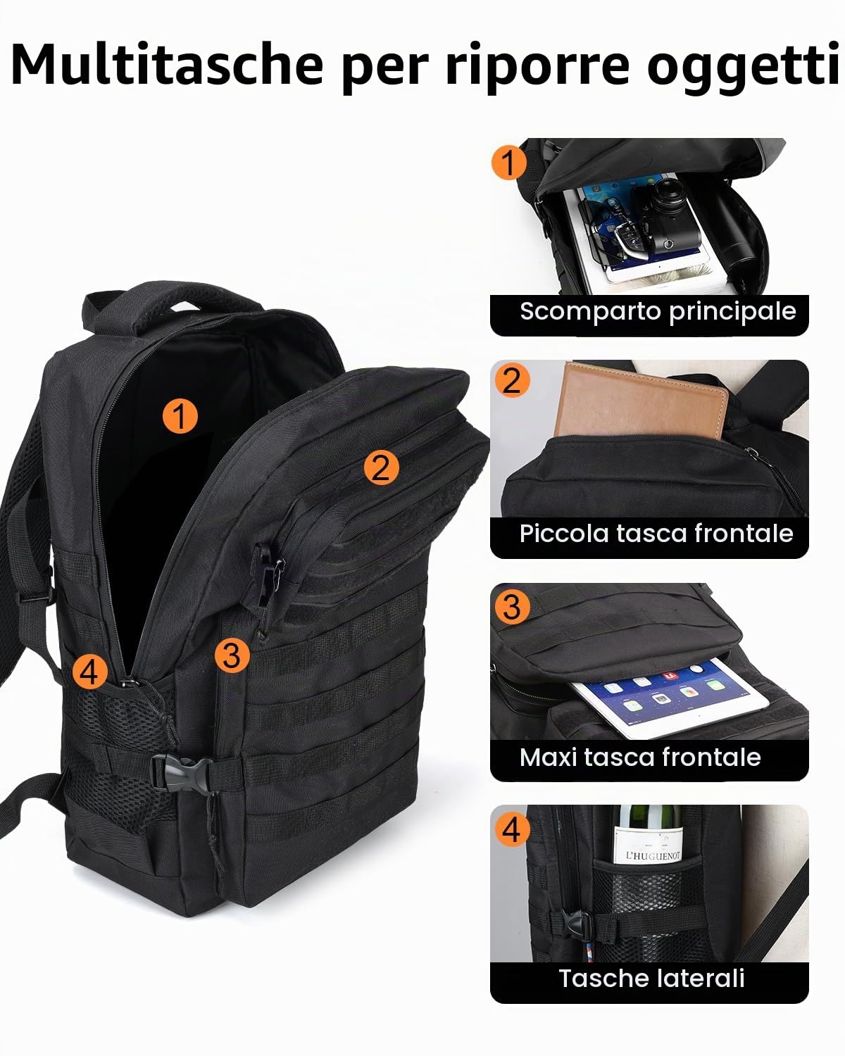 Zaino Militare Tattico 20L, Zaino Tattico Impermeabile, Zaini Trekking Escursionismo Multitasche per Campeggio Pesca Viaggio, Nero