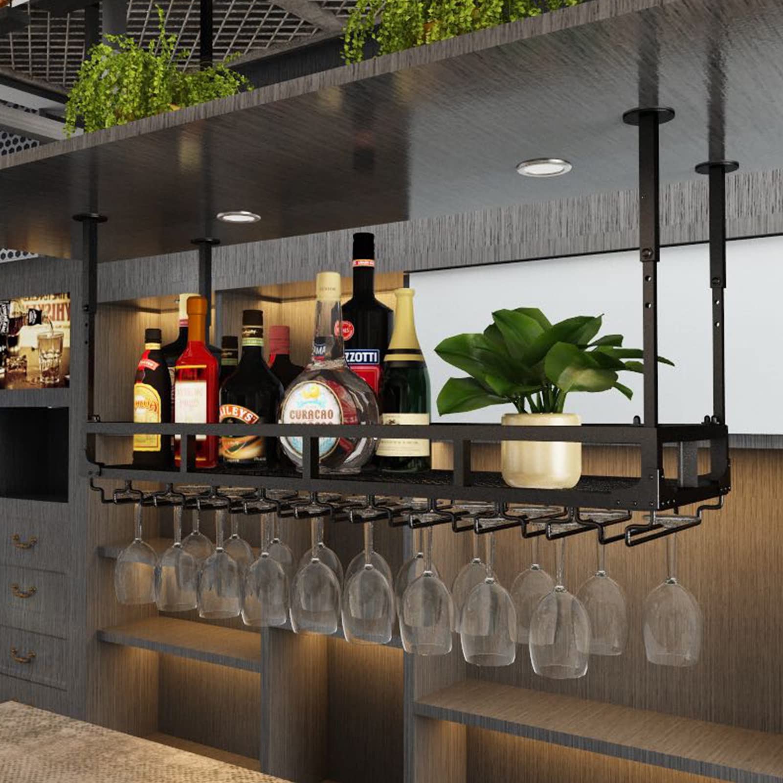 Estante para Copas de Vino, botellero bajo Armario, Soporte para Copas de Vino, Soporte para Copas de Vino invertidas, botellero de Techo - Soporte Colgante para Copas para Bar y Cocina (Tam