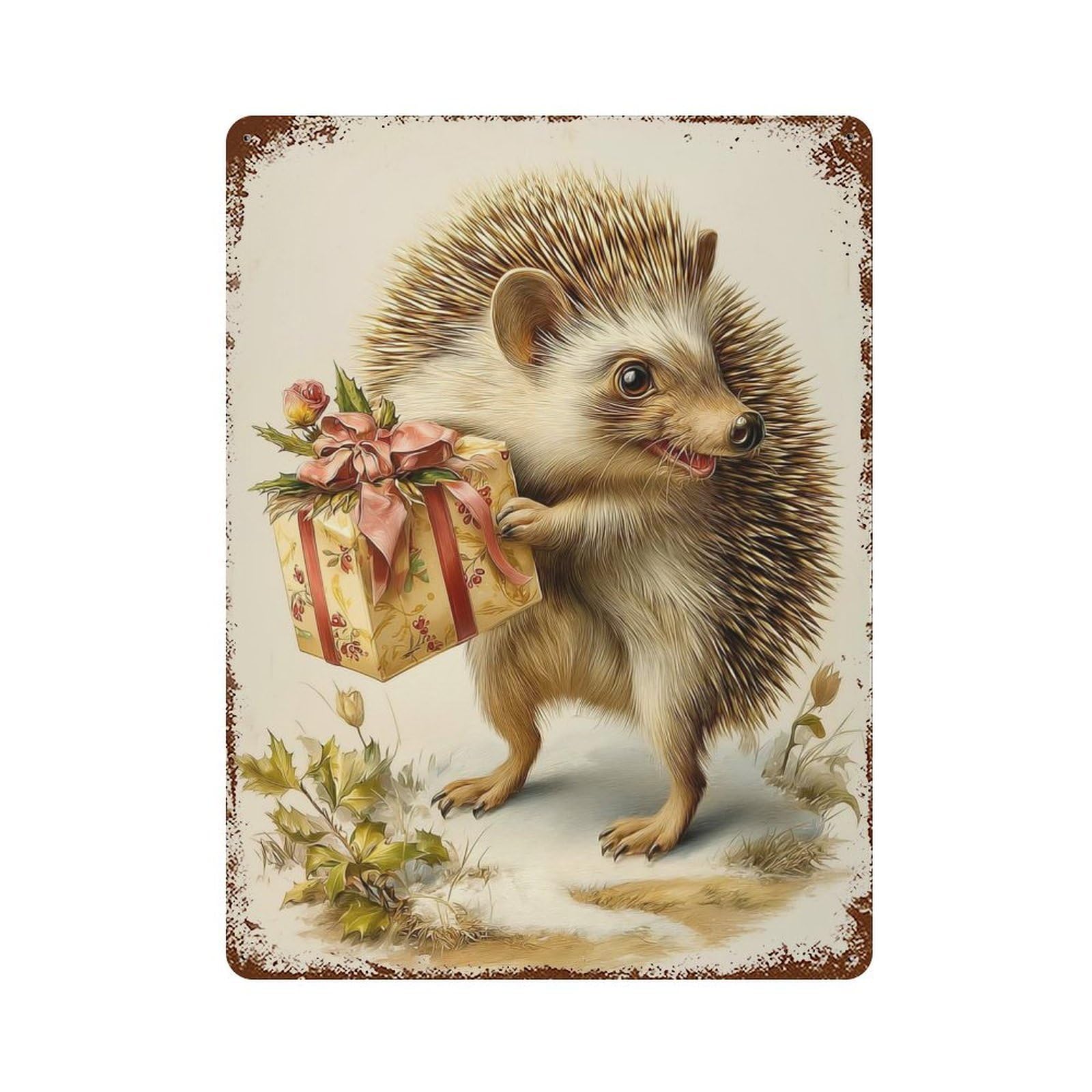 Hedgehog with Christmas Gift Rust Effect Tin Sign 15.7"x11.8", Farmhouse Wall Decor for Farmhouse, Kitchen And Entryway Decor