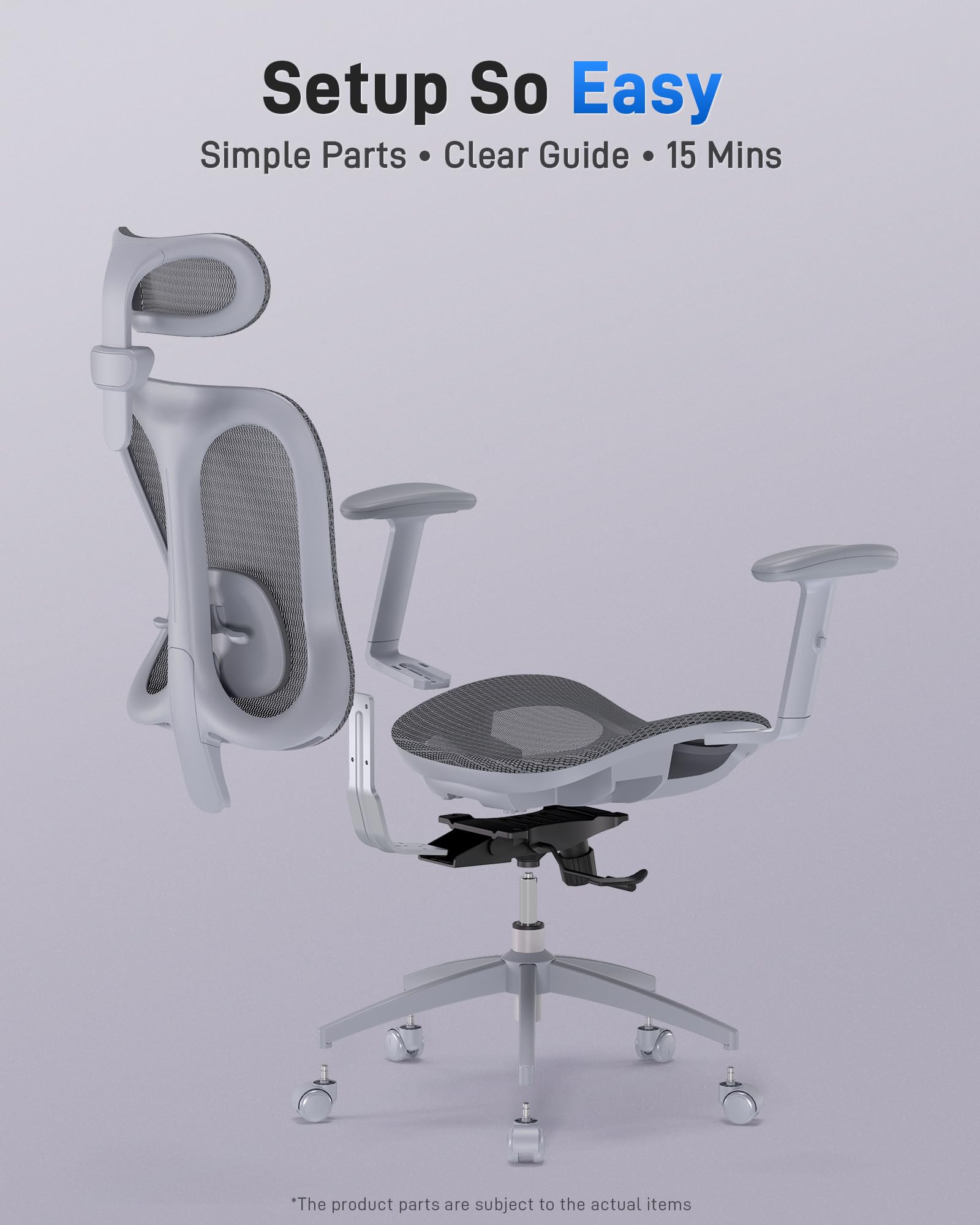 Ergonomic Office Desk Chair, Comfortable Computer Gaming Chair, Breathable Mesh Back & Seat, Adjustable Armrest & Headrest, Lumbar Support, Butterfly Design for Home Office (Gray)