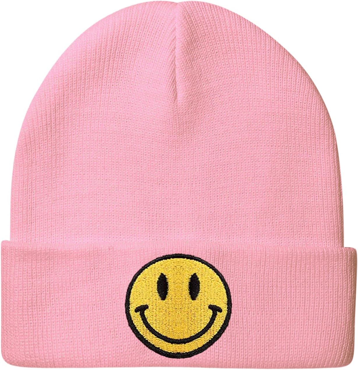 Womens Beanies for Winter Cuffed Beanie Hat with Smile Face Patch Acrylic Slouchy Beanie Knit Soft Warm Beanie Cap
