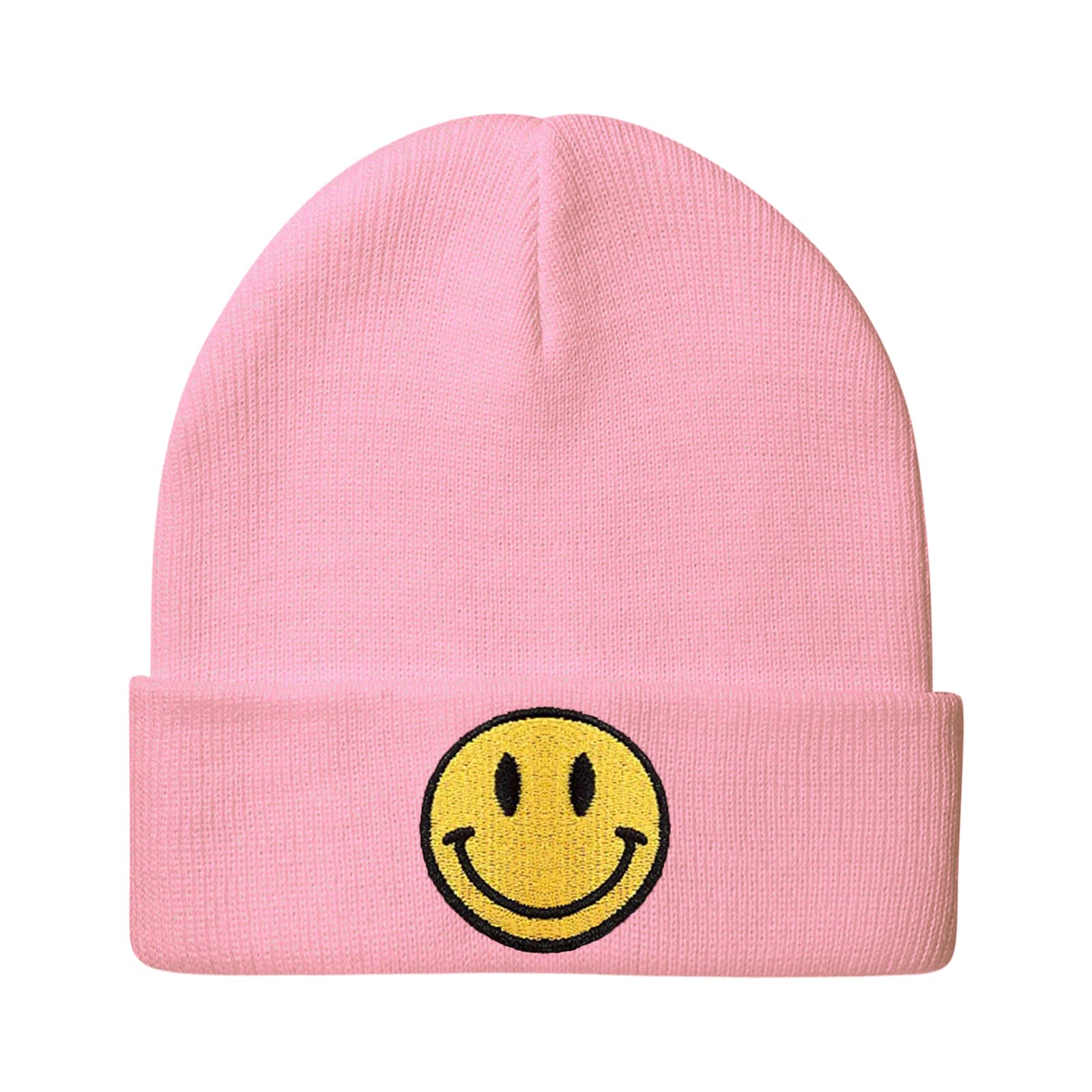 Womens Beanies for Winter Cuffed Beanie Hat with Smile Face Patch Acrylic Slouchy Beanie Knit Soft Warm Beanie Cap