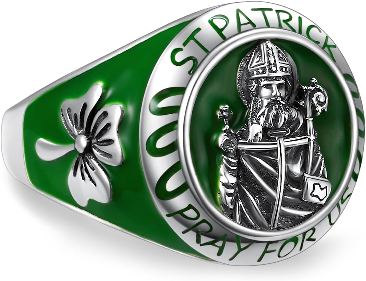 ADMETUS 925 Sterling Silver St Patricks Day Rings Green Saint Patrick Ring Medalla de San Patricio Jewelry Protection Religious Gifts for Men Rings Size 6-15