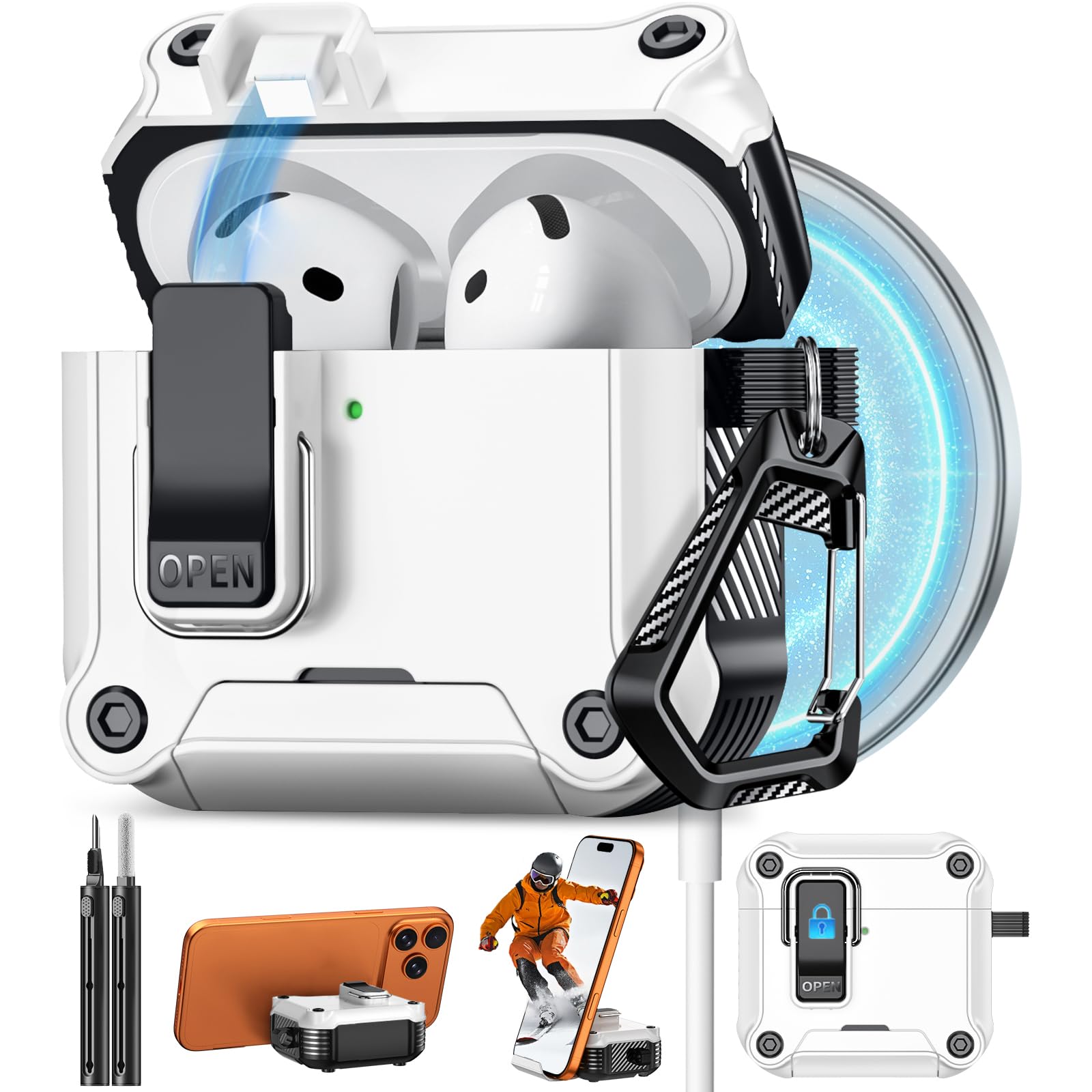 Pohgelan for AirPods 5/4 Case (2026/2024) with Safety Lock-White