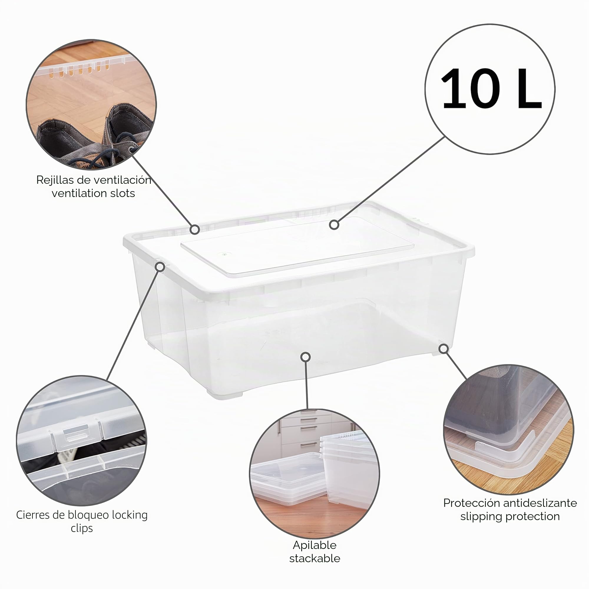 Grizzly 3 x Caja de Almacenaje con Tapa de 10 L - Cajón de Plástico Transparente Apilable - Caja Multiusos Organizador de Armarios para Ordenación de Ropa