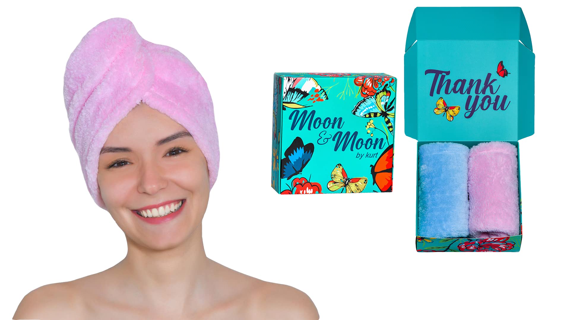 Moon And Moon By Kurt Hair Turban Towel - Soft & Super Absorbent Microfibre Head Wrap Cloths - Towelling & Quick Drying Caps for Long, Curly, Straight, Thick Hair - Pack of 2, Blue & Pink, 25x63cm