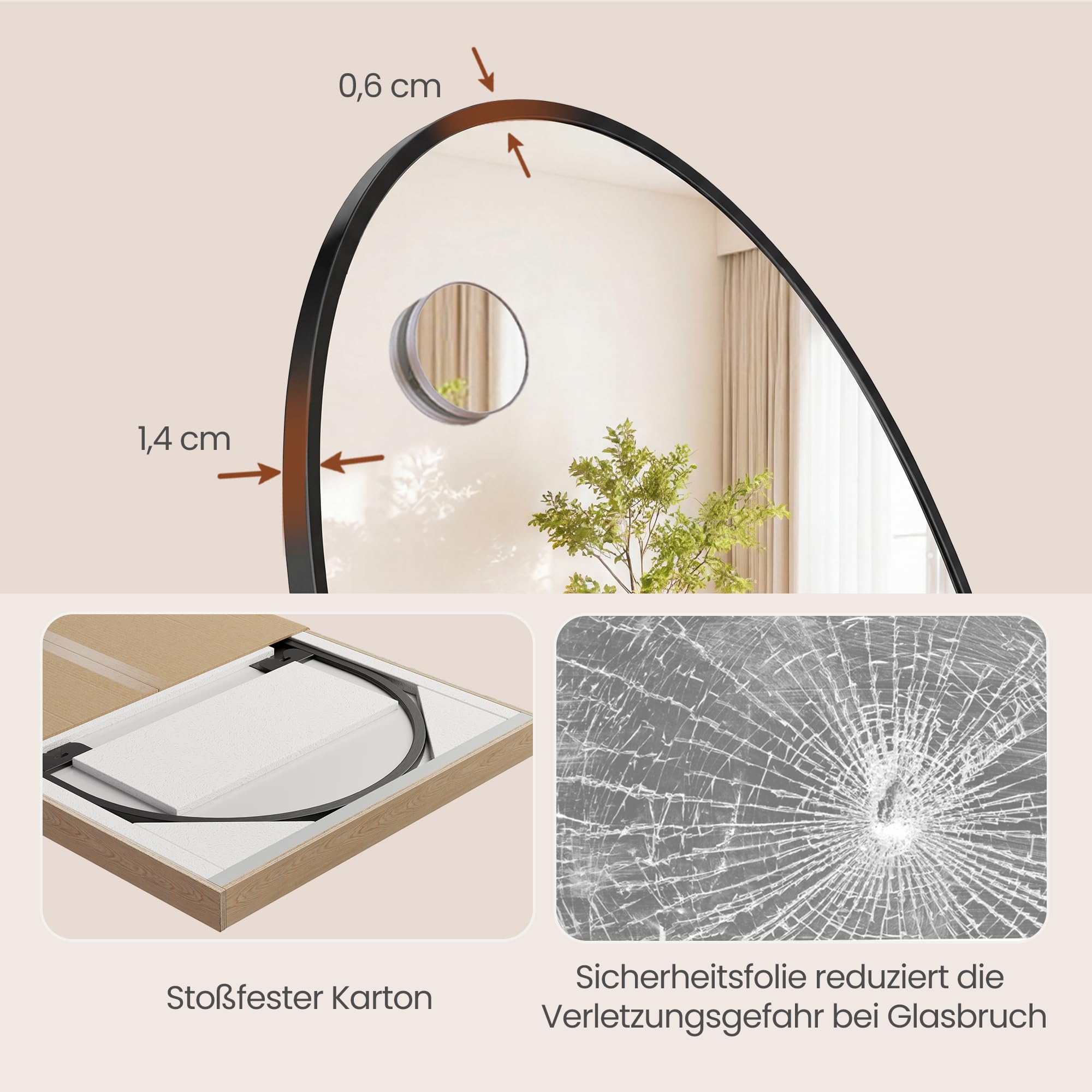 SONGMICS Ganzkörperspiegel, 160 x 50 cm, gewölbter Standspiegel, mit Vergrößerungsspiegel, Rahmen aus Aluminiumlegierung, Hartglas, für Schlafzimmer, Wohnzimmer, Garderobe, tintenschwarz LFM031BD02