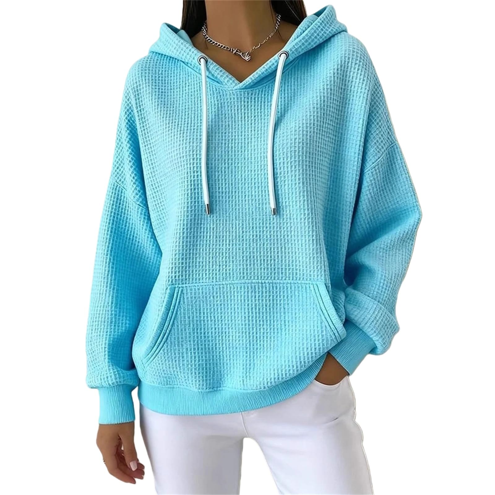 Damskie bluzy z kapturem na wiosnę jesień waflowe bluzy ze sznurkiem prążkowany sweter z dzianiny moda plus codzienne zimowe topy