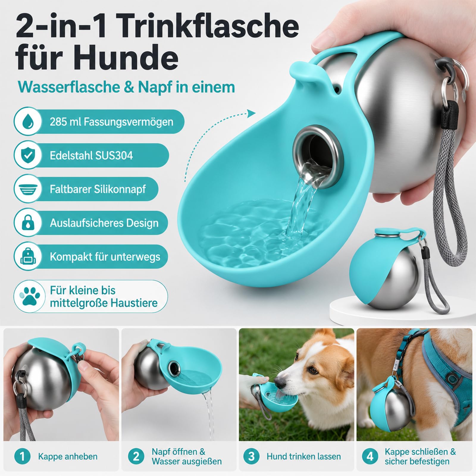 2-in-1 Reise-Trinkflasche für Hunde, Trinkflasche Hunde für Unterwegs, Hundetrinkflasche für Unterwegs mit Silikonnapf, 285 ml Edelstahl Trinkflasche mit Faltbarem Silikonnapf (4PCS)