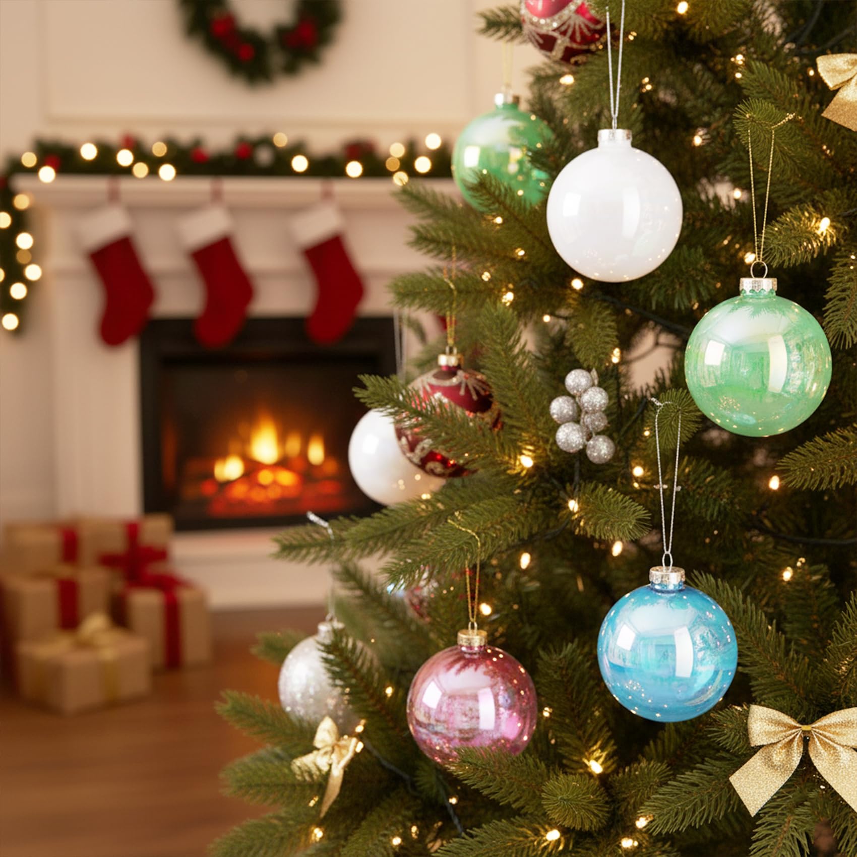 Lot de 12 grandes boules de Noël en verre arc-en-ciel à remplir pour sapin de Noël, rouge, vert, bleu, blanc, 8 cm