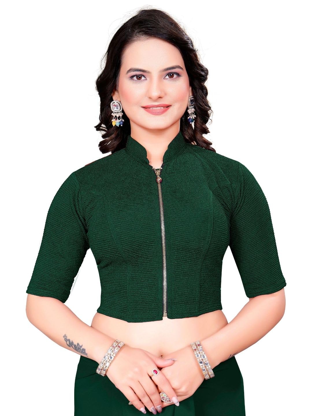 Full Zipper Half Sleeve Saree Blouse | Readymade Cotton Lycra Blause | Stretchable Choli | Fancy Designer Blouse for Casual Wear-image-36
