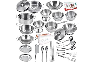 Stainless Steel Kids Kitchen Pretend Play Set Cooking Toy Utensils and Cookware