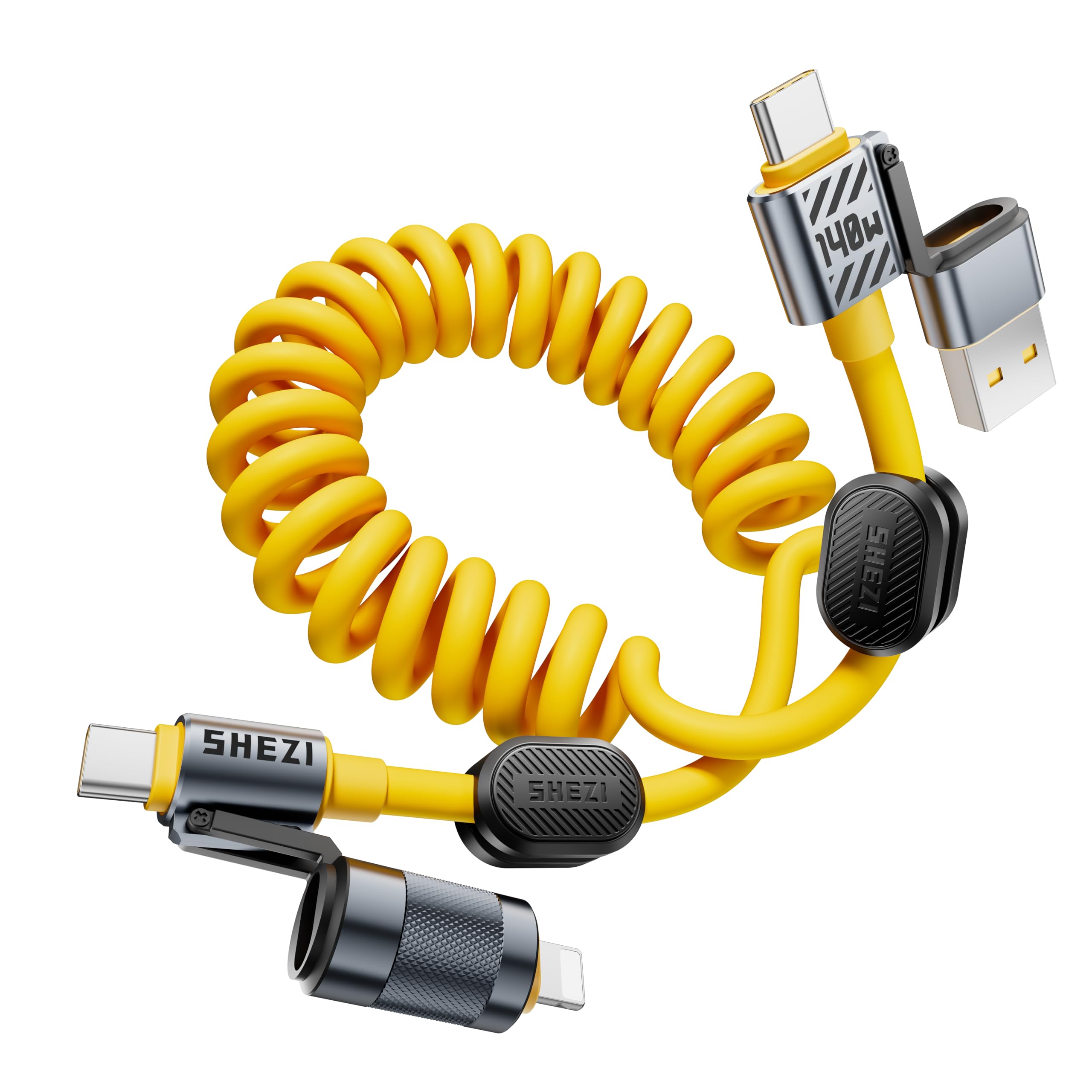 Coiled Cable & Clip 4-in-1 USB C to Lightning Cable 140W Fast Charging & Data Transfer, Support to Apple CarPlay & Android Auto, 5FT Travel Multi Cord Charger Combo for iPhone/iPad/MacBook