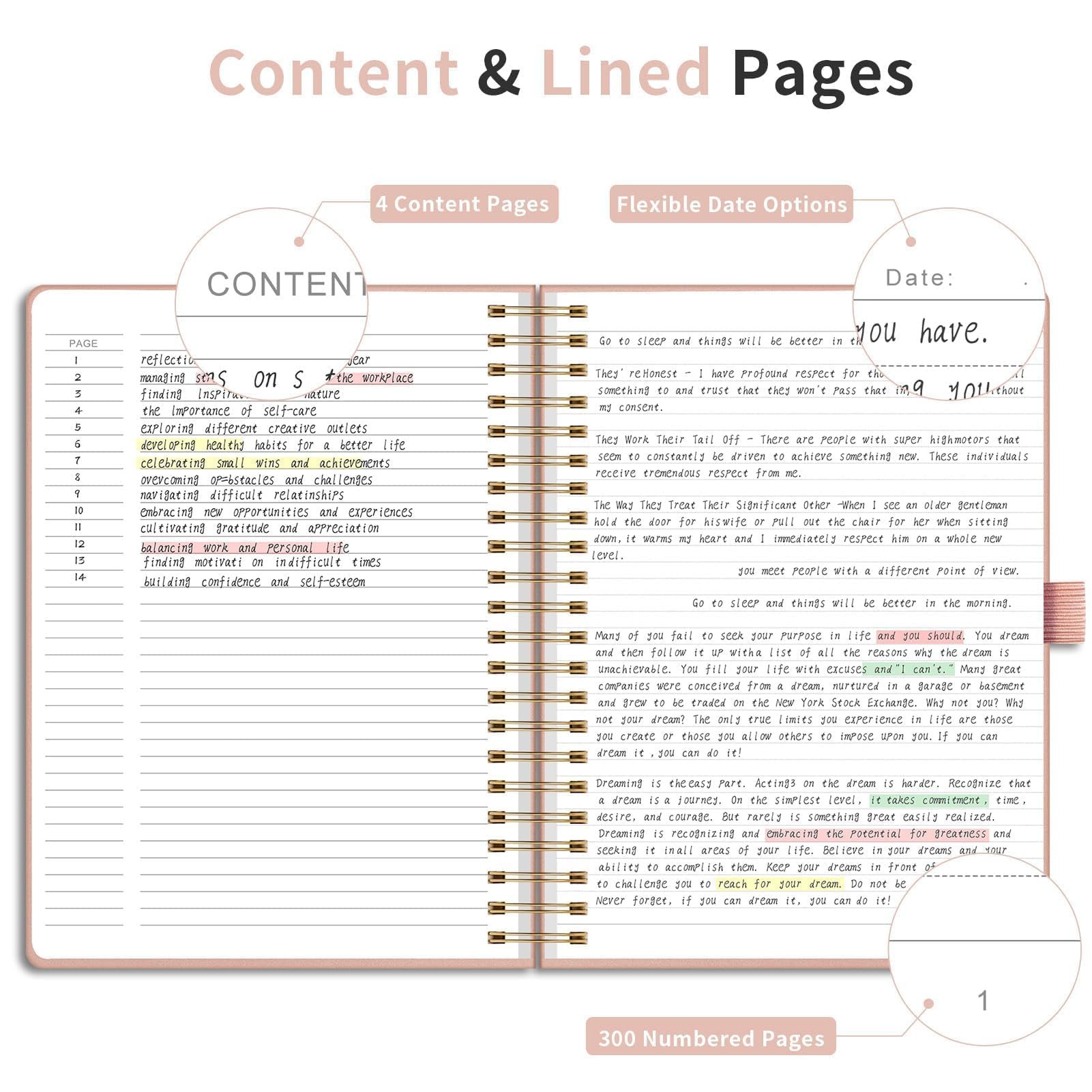 EMSHOI Carnet ligné à spirales, 300 pages numérotées, A4 (20,8 x 28,4 cm) | Papier épais ligné en cuir de 100 g/m² pour l'école, l'écriture, le travail, le bureau et le journal (or rose)