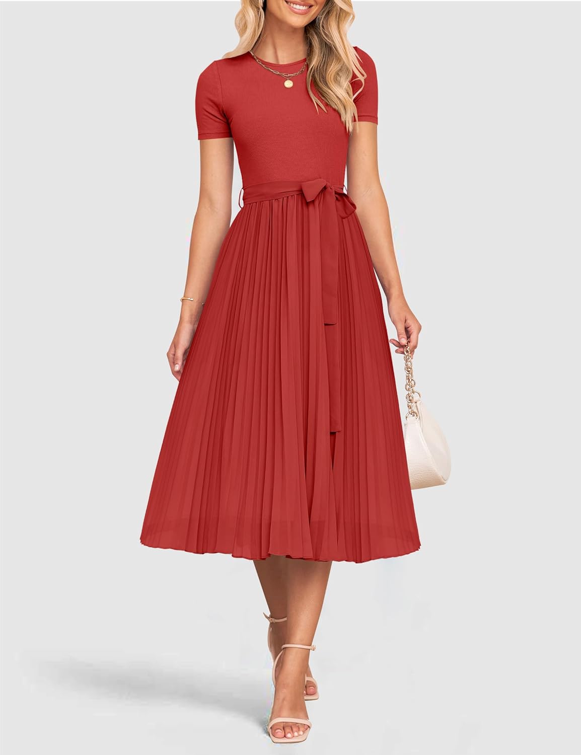 ZESICA Womens 2026 Summer Short Sleeve Midi Dresses Crewneck Knit Belted Pleated Business Work Cocktail A Line Flowy Dress - Image 2