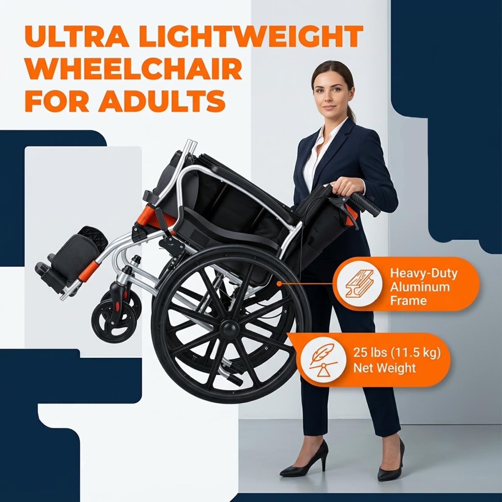 Silla de Ruedas Plegable Ligera de Aluminio con Ruedas Traseras 22" | 11.5kg Ligera, Doble Freno, Asiento Mesh Transpirable, Reposabrazos Ergonómicos, Neumáticos Antipinchazos, Sin Montaje