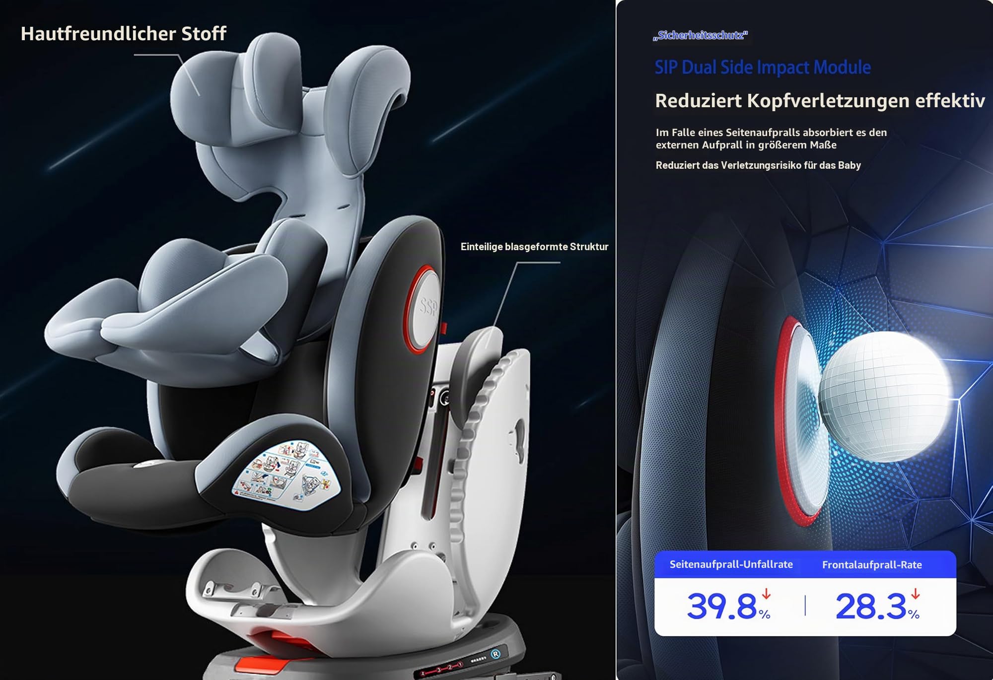 Nine point nine 360° Drehbar Kindersitz Auto, Höhen-und Neigungsverstellung Kindersitz, Kollisionsschutz Autositz Kinder, Leicht zu Reinigen Auto Kindersitzs (Black without Foot Rest Frame)
