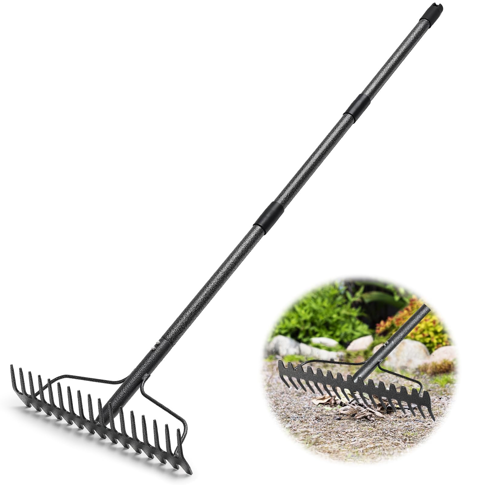 Rastrello ad Arco con 17 rebbi, rastrelli da Giardino in Metallo per impieghi gravosi da 123 cm, rastrello per Foglie di Grandi Dimensioni con Testa Larga per Terra, Foglie e Ghiaia, Grigio