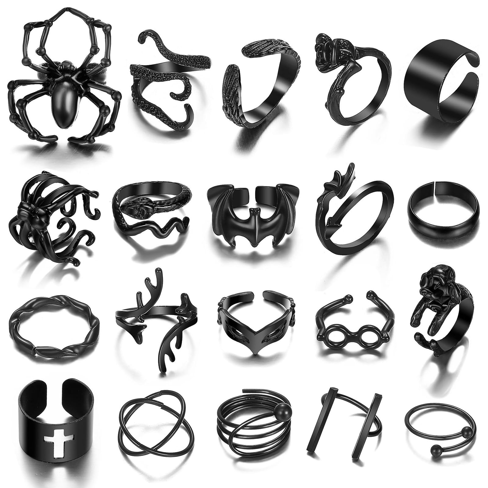 Hifot 20pcs Gothic Black Rings for Women Men, Knuckle Ring Set, Vintage Thick Rings, Goth Y2k Accessories, Grunge Emo Jewelry, Statement, Ring, Spider, Flowers, Snakes, Crosses, Rings,, Metal, No