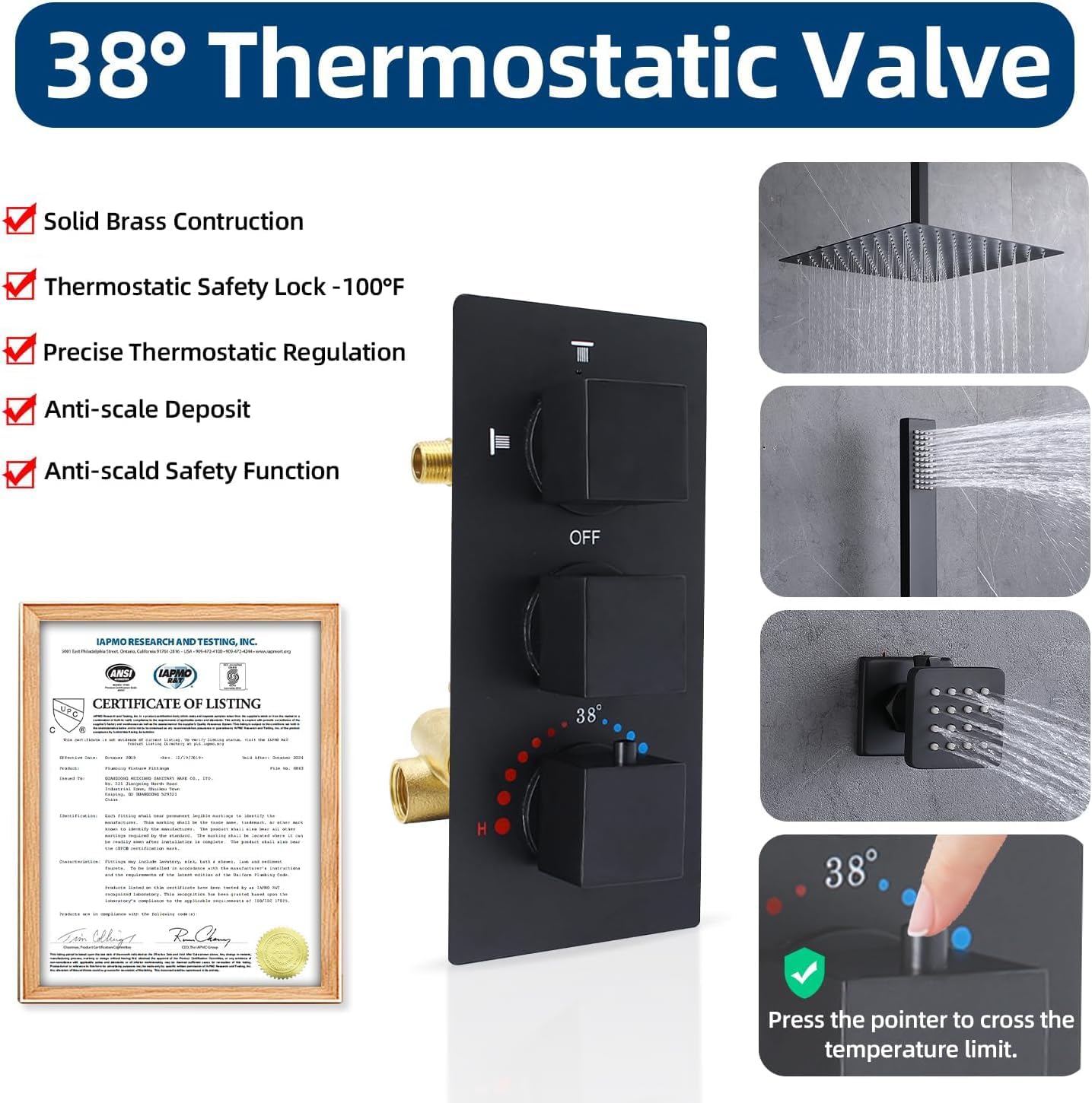 HOMEDEC Ceiling LED Shower System with on/off Full Body Spray(Volume Adjustable), Matte Black 16inch Rain Shower Faucet Set with Thermostatic Valve