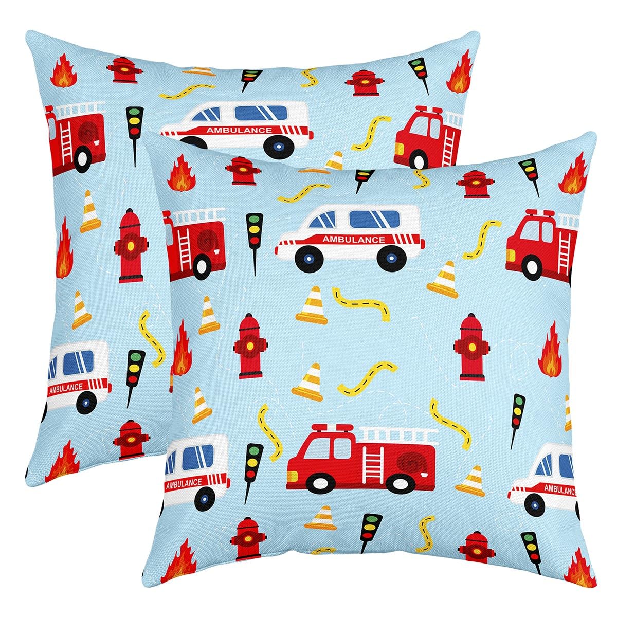 richhome Fire Engine Pillow Covers 20"x20",Boys Cartoon fire Trucks Cars Cushion Covers for Car RV Camper Office,City Traffic Lights Fire Hydrant Pillowcases Outdoor Pillow Covers Set of 2