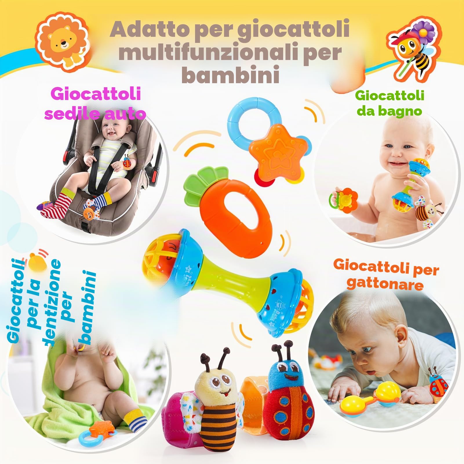 Sonaglio Neonato 0-12 Mesi, Giochi Neonato 0-3-6-9-12 Mesi Giochi Dentizione babe Giochi 0-12 Mesi Regalo Bambini Montessori Giocattoli 0-6-12 Mesi Giochi Sensoriali per Neonati