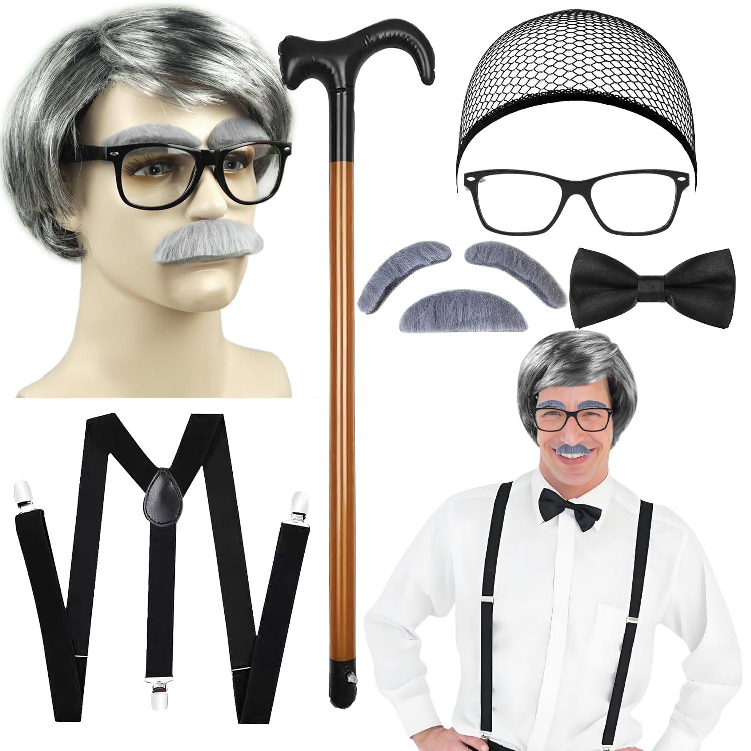 Mikovivi Set di Costume Vecchio Bambino, 10pz Costume da Nonno per Bambini Costume per il 100esimo Giorno di Scuola per Ragazzi con Cappello Papillon Gilet Bretelle Occhiali(8-10 Anni