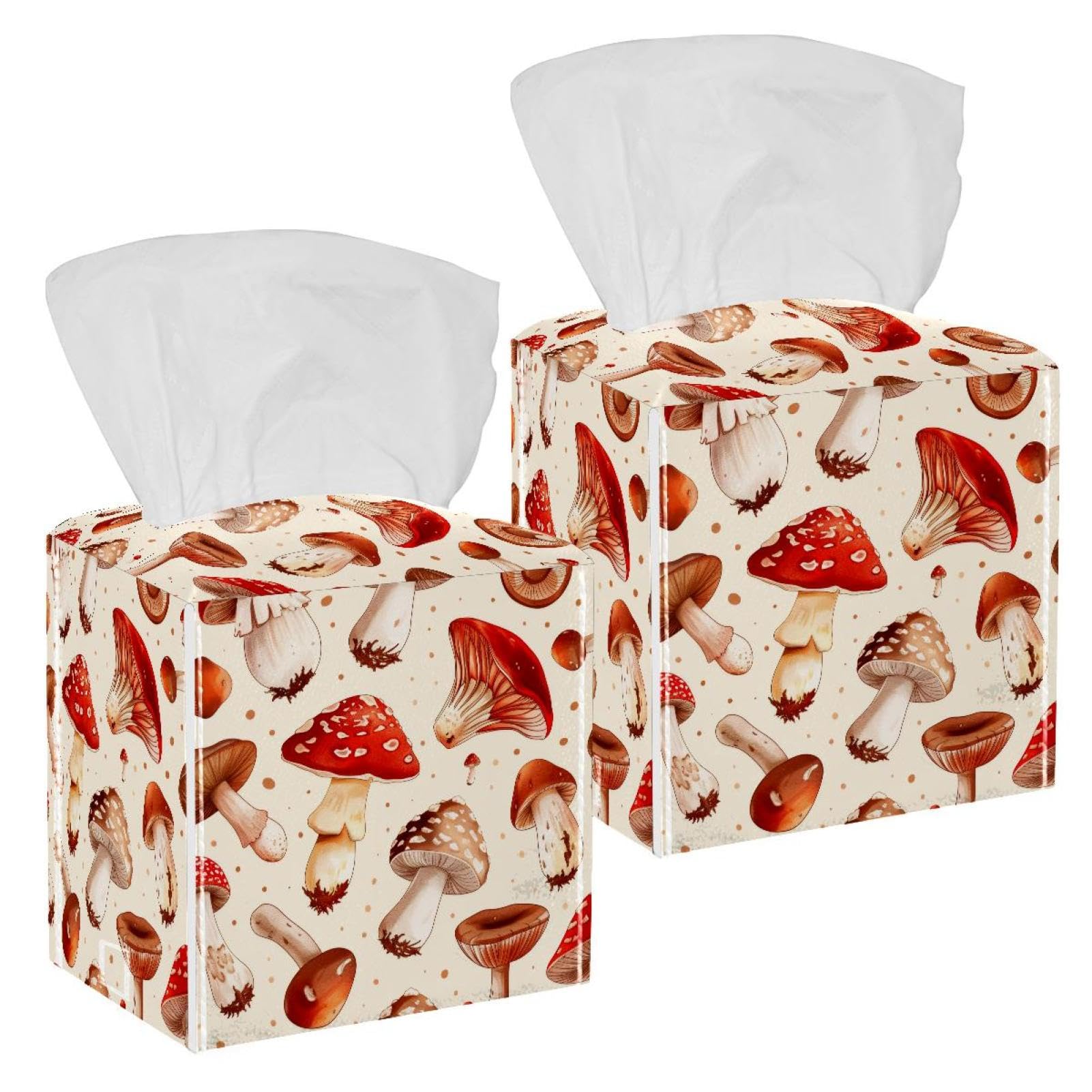 Mushrooms Tissue Box Cover, 2 Pack PU Leather Square Facial Tissue Dispenser Box holder for Home Office Car