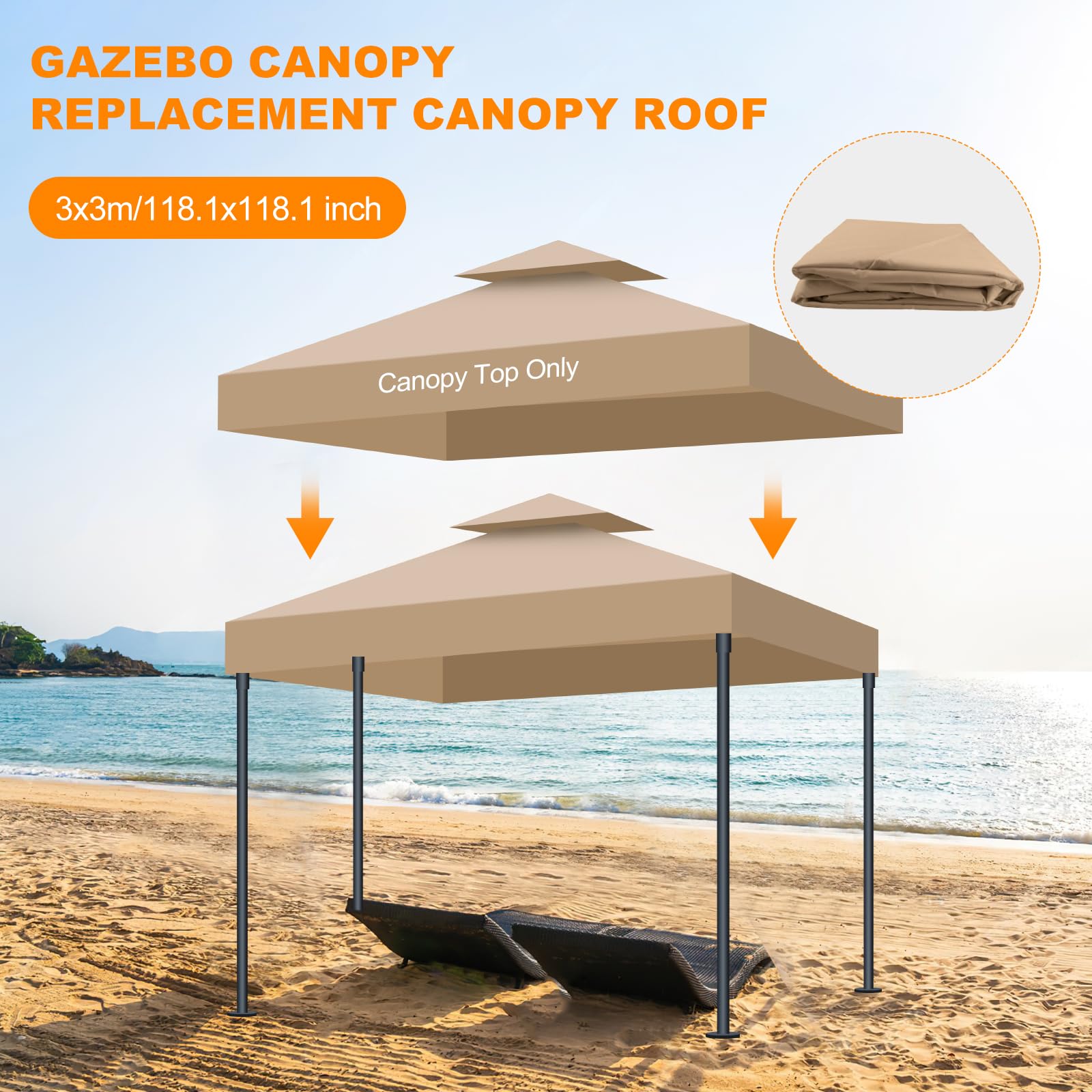 Telo Gazebo 3x3 m Impermeabile Anti-UV, 2 Livelli Tetto di Ricambio per Gazebo, Tenda da Sole Gazebo Rimovibile, 300D Poliestere Telo Ricambio Gazebo per Giardino, Patio, Esterni (Cachi)