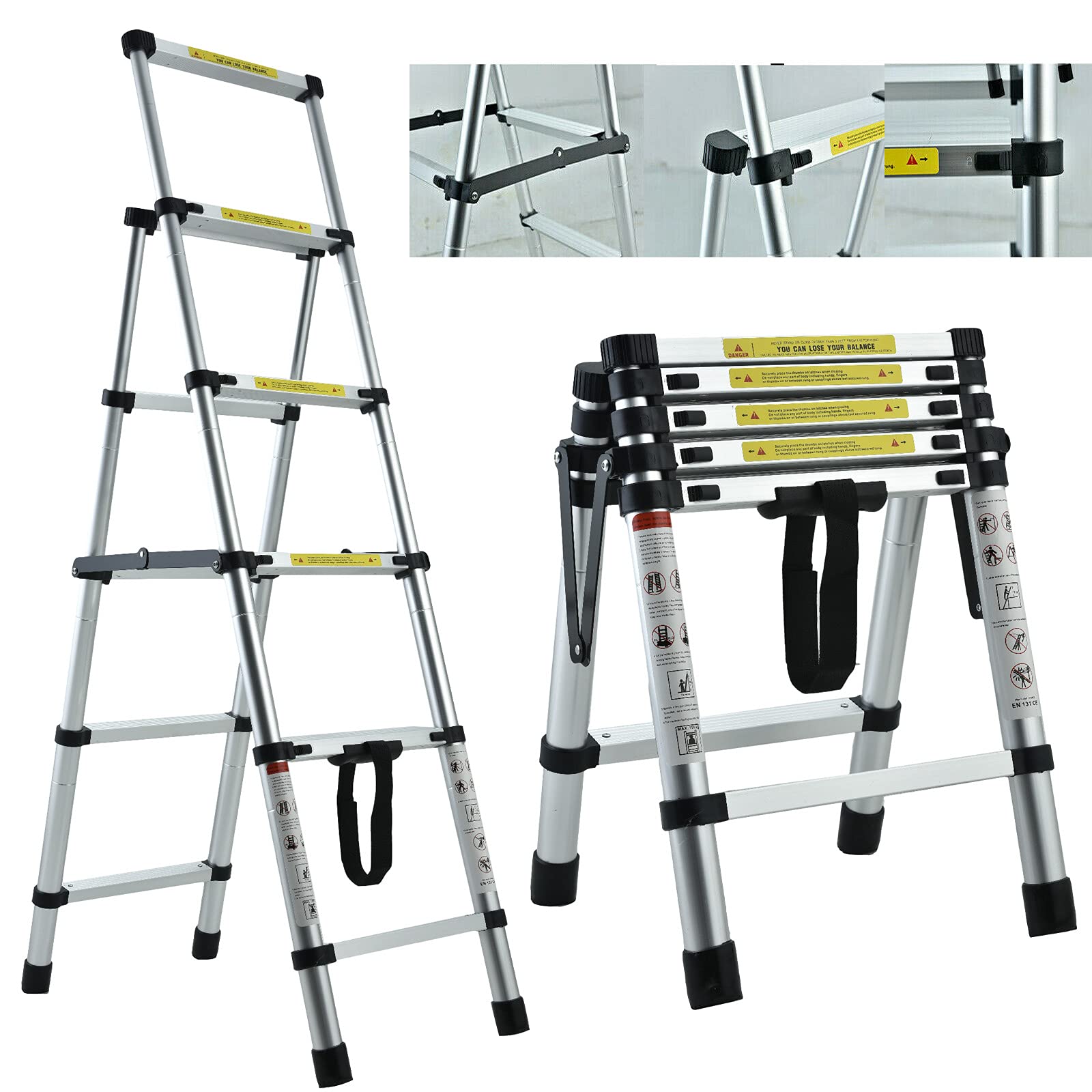 4+5 Step Ladder Folding Telescopic Stepladder with Anti Slip Feet Sturdy Aluminium Tread Ladders 330lbs Capacity Office Home Improvement Tools EN131 Safety