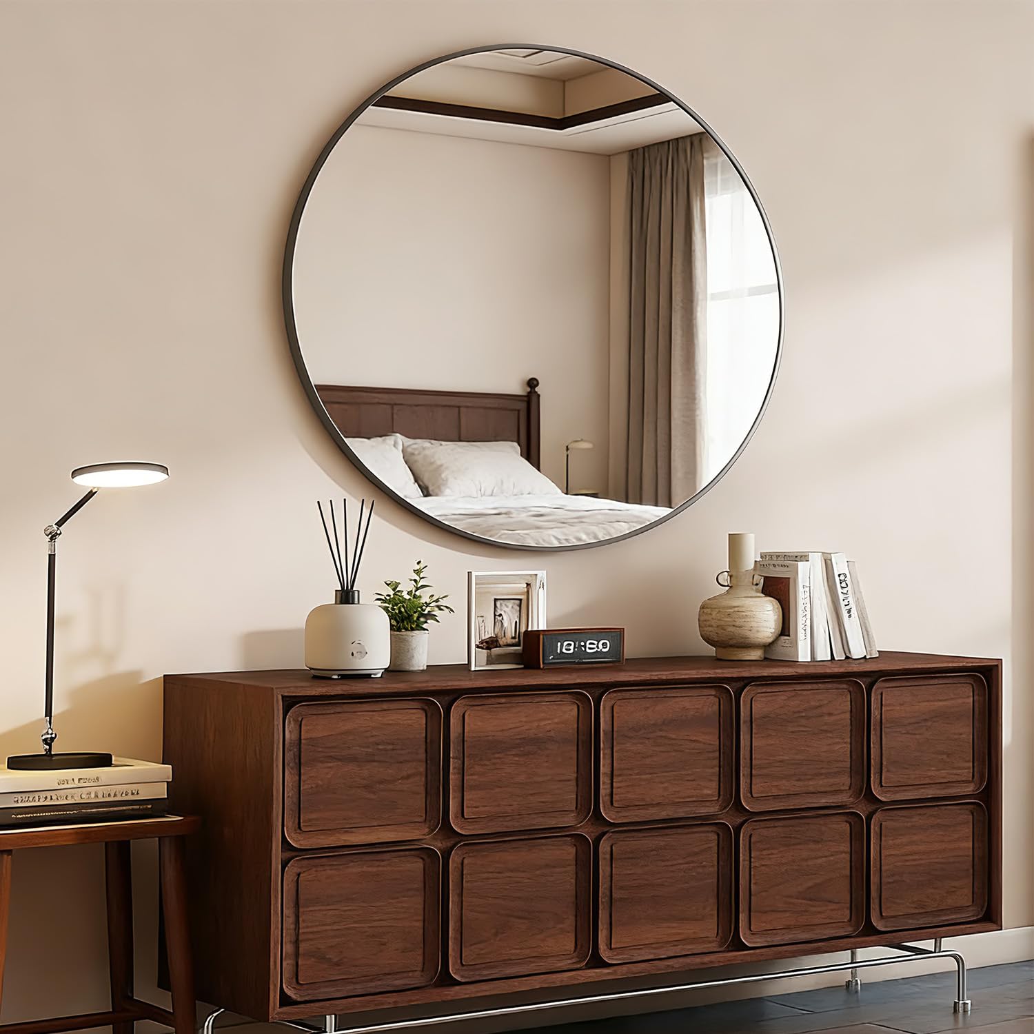 Espejo Redondo Negro 70 cm, Espejo Baño Moderno con Marco Aluminio, HD Vidrio Templado Espejos Grandes de Pared, Espejos Decorativos para Baño, Recibidor Entrada, Dormitorio, Salon