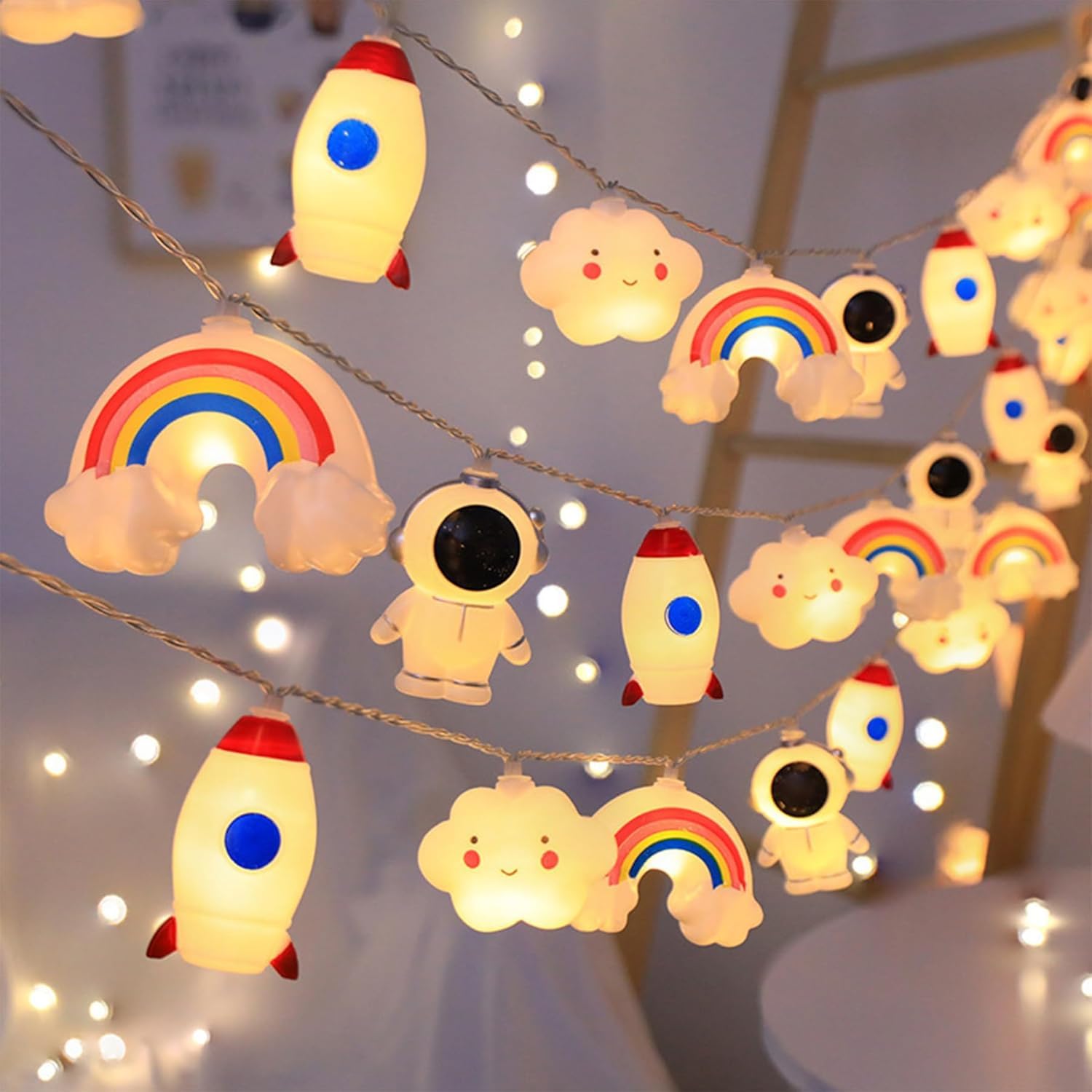 Children's Fairy Lights - Astronaut Rocket Clouds Rainbow Design, LED Battery Operated for Children's Room, Indoor and Outdoor Use, Garden, Birthday Party, Room Decoration — image 1